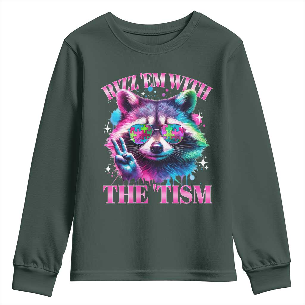 Funny Autism Support Racoon Youth Sweatshirt Rizz Em With The Tism Meme Autistic