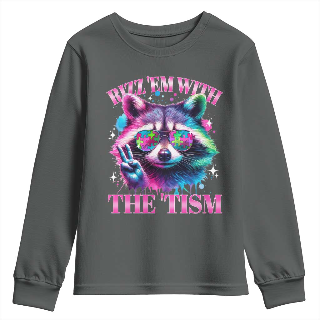 Funny Autism Support Racoon Youth Sweatshirt Rizz Em With The Tism Meme Autistic