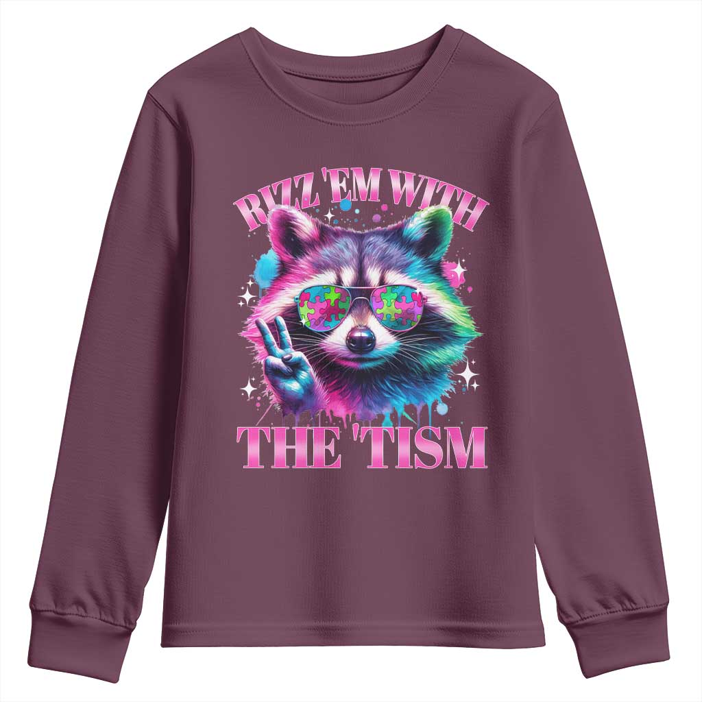Funny Autism Support Racoon Youth Sweatshirt Rizz Em With The Tism Meme Autistic