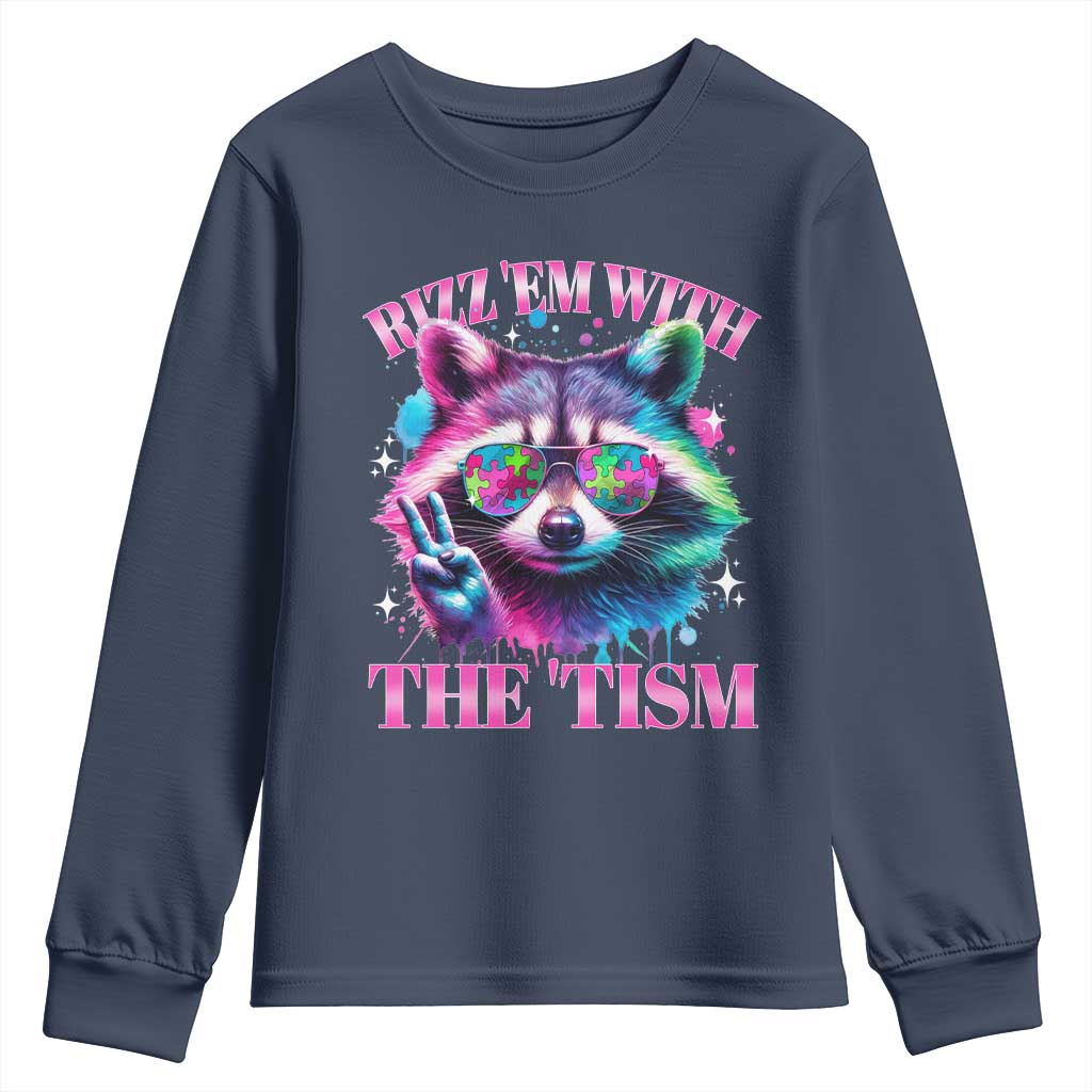 Funny Autism Support Racoon Youth Sweatshirt Rizz Em With The Tism Meme Autistic