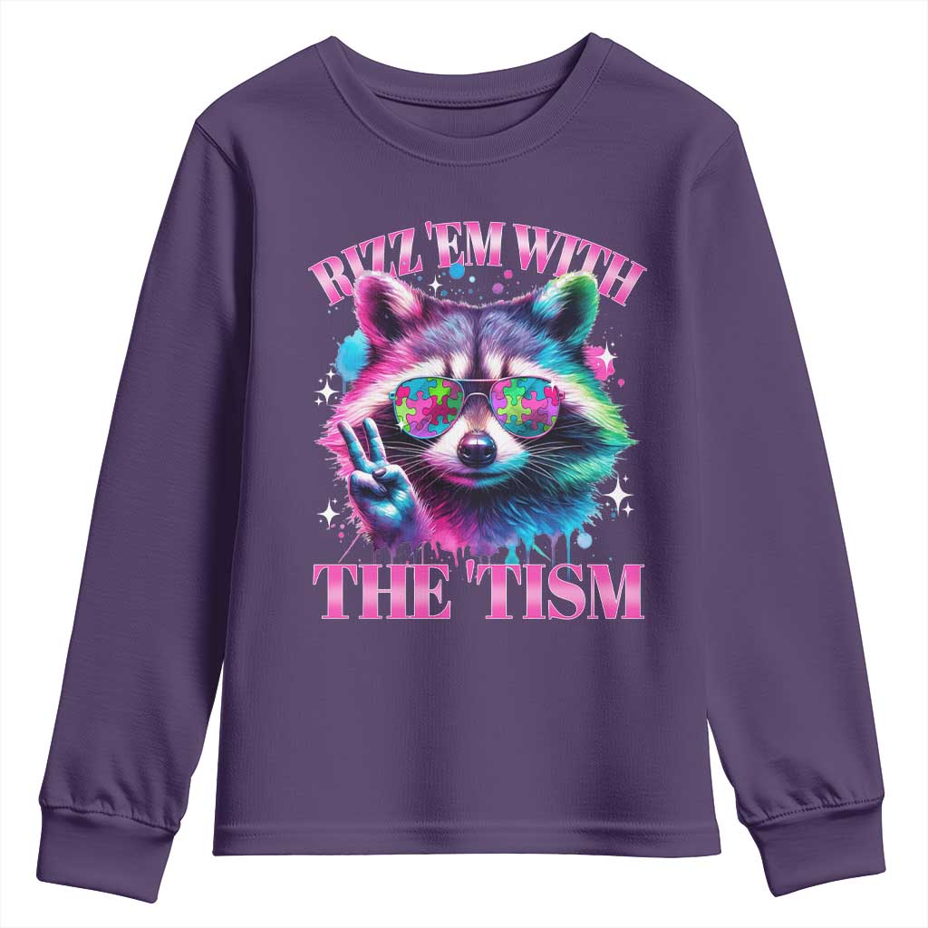 Funny Autism Support Racoon Youth Sweatshirt Rizz Em With The Tism Meme Autistic