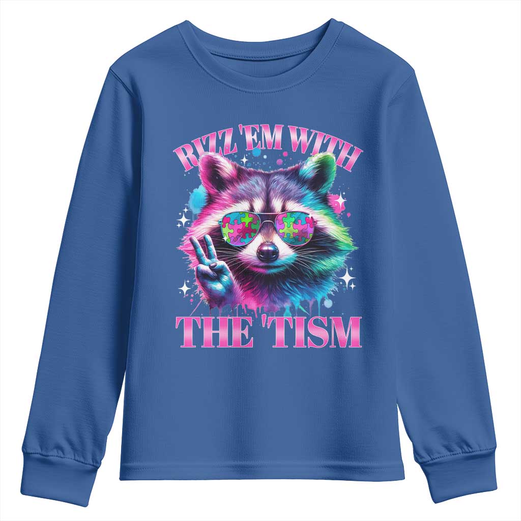 Funny Autism Support Racoon Youth Sweatshirt Rizz Em With The Tism Meme Autistic