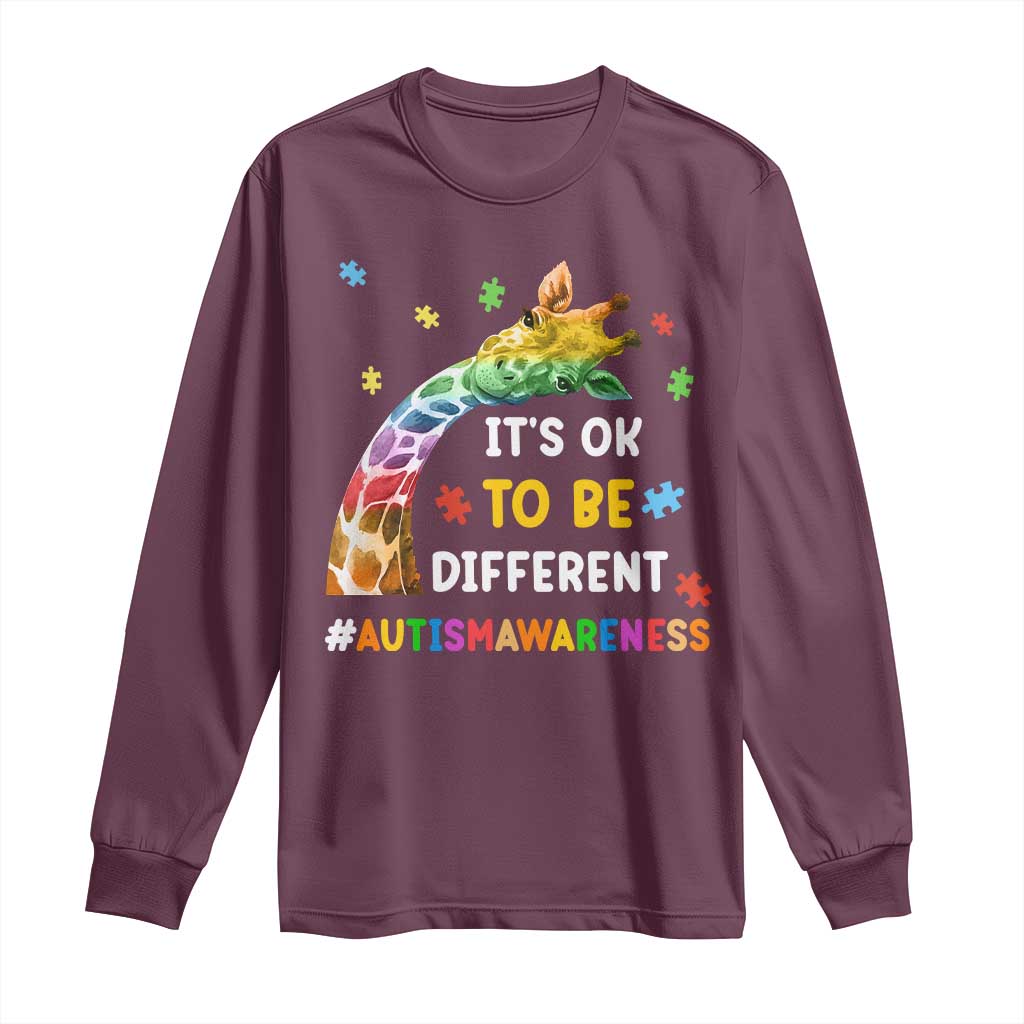 It's Ok To Be Different Autism Support Long Sleeve Shirt Rainbow Giraffe Puzzle