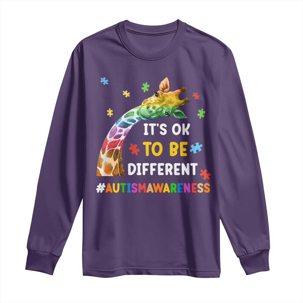 It's Ok To Be Different Autism Support Long Sleeve Shirt Rainbow Giraffe Puzzle