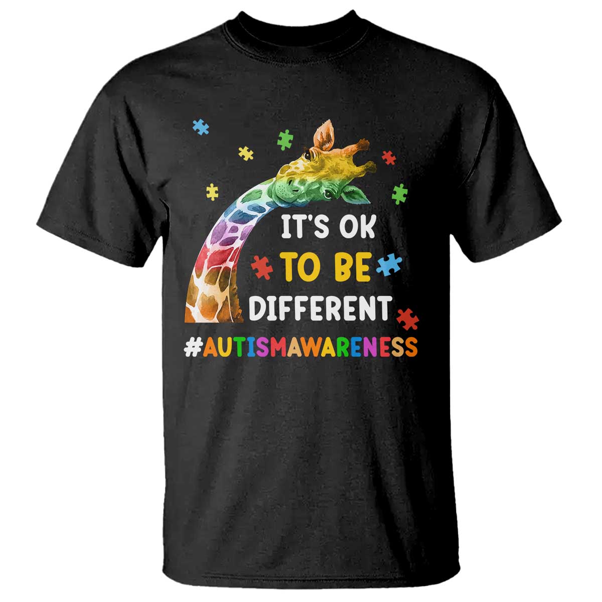 It's Ok To Be Different Autism Support T Shirt Rainbow Giraffe Puzzle