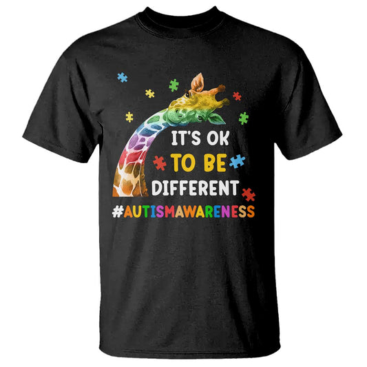 It's Ok To Be Different Autism Support T Shirt Rainbow Giraffe Puzzle