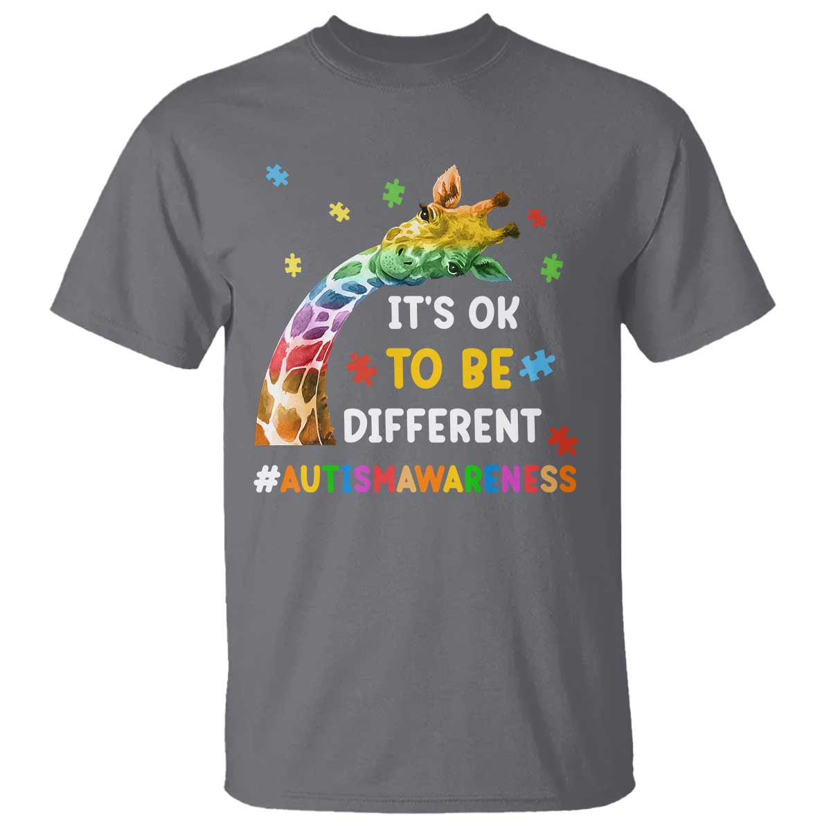 It's Ok To Be Different Autism Support T Shirt Rainbow Giraffe Puzzle