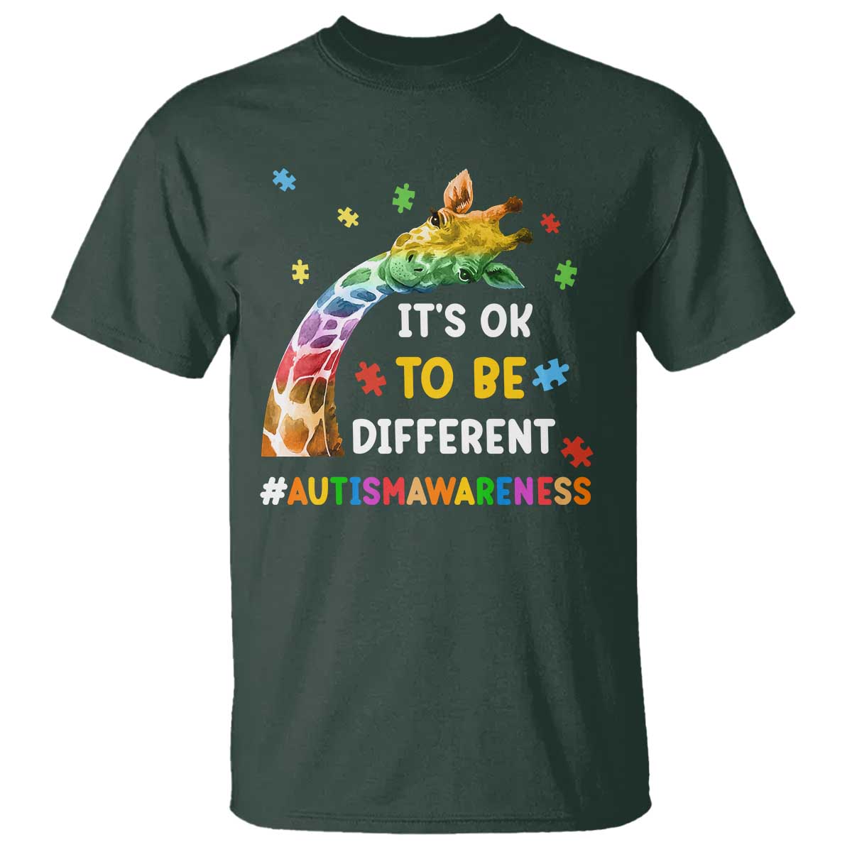 It's Ok To Be Different Autism Support T Shirt Rainbow Giraffe Puzzle