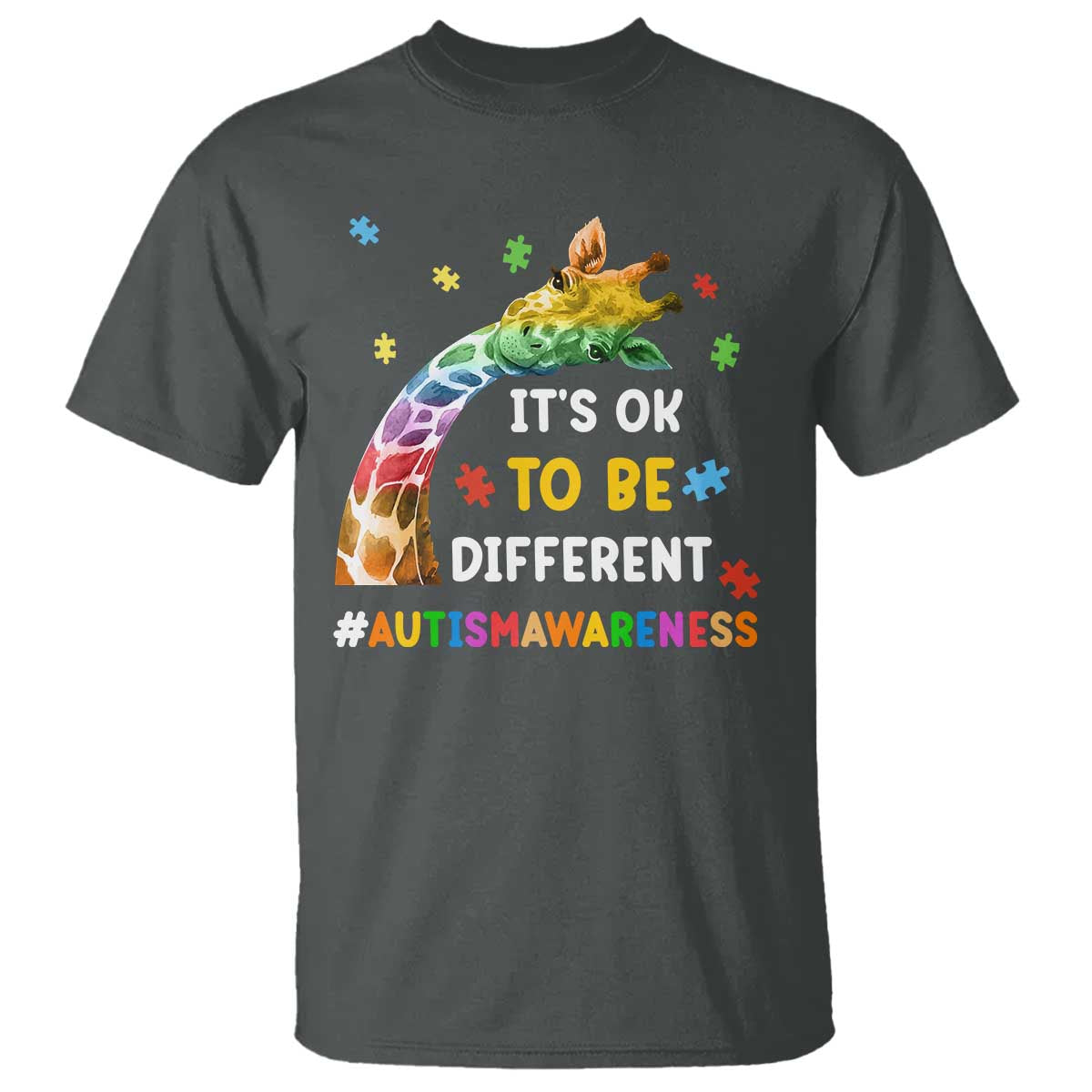 It's Ok To Be Different Autism Support T Shirt Rainbow Giraffe Puzzle