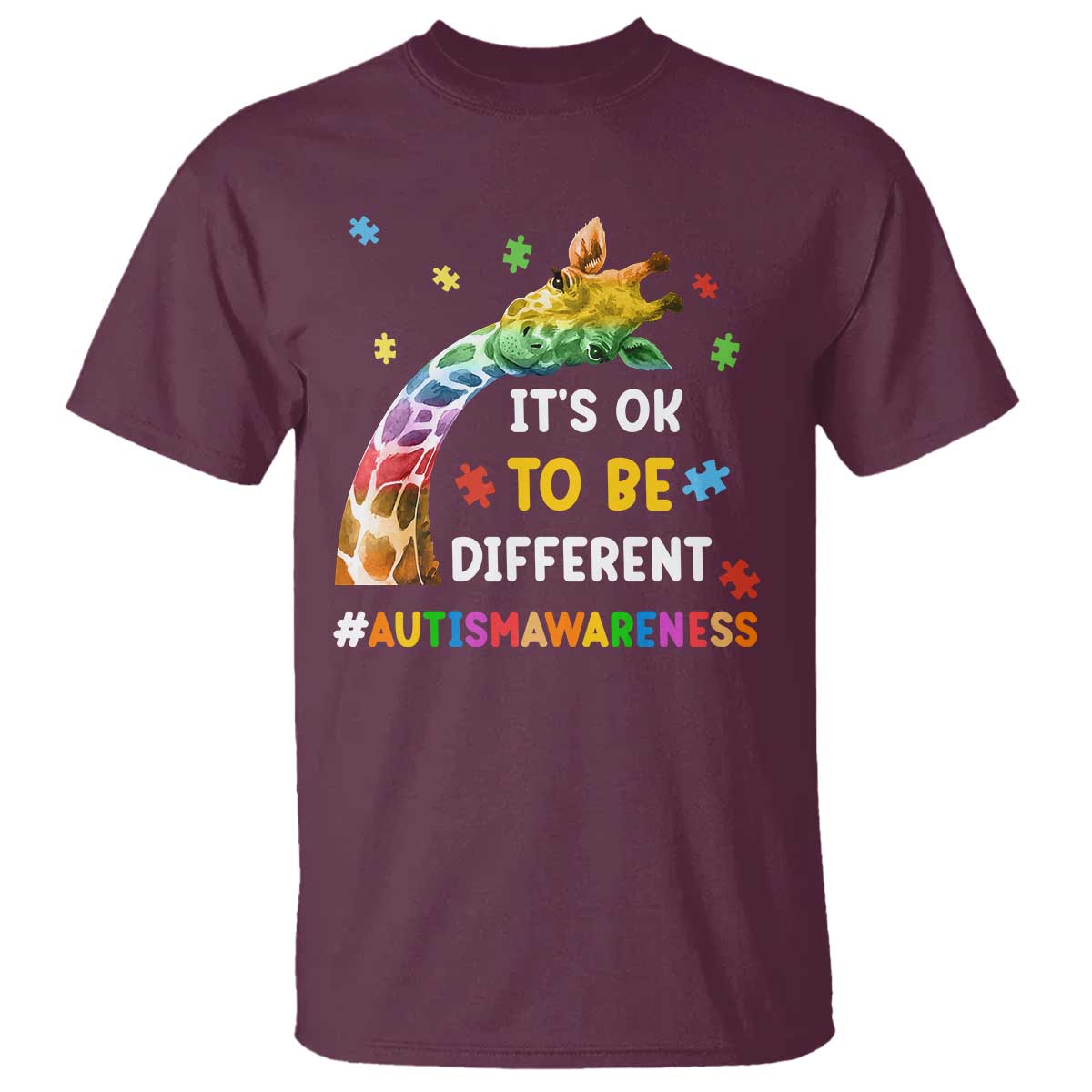 It's Ok To Be Different Autism Support T Shirt Rainbow Giraffe Puzzle