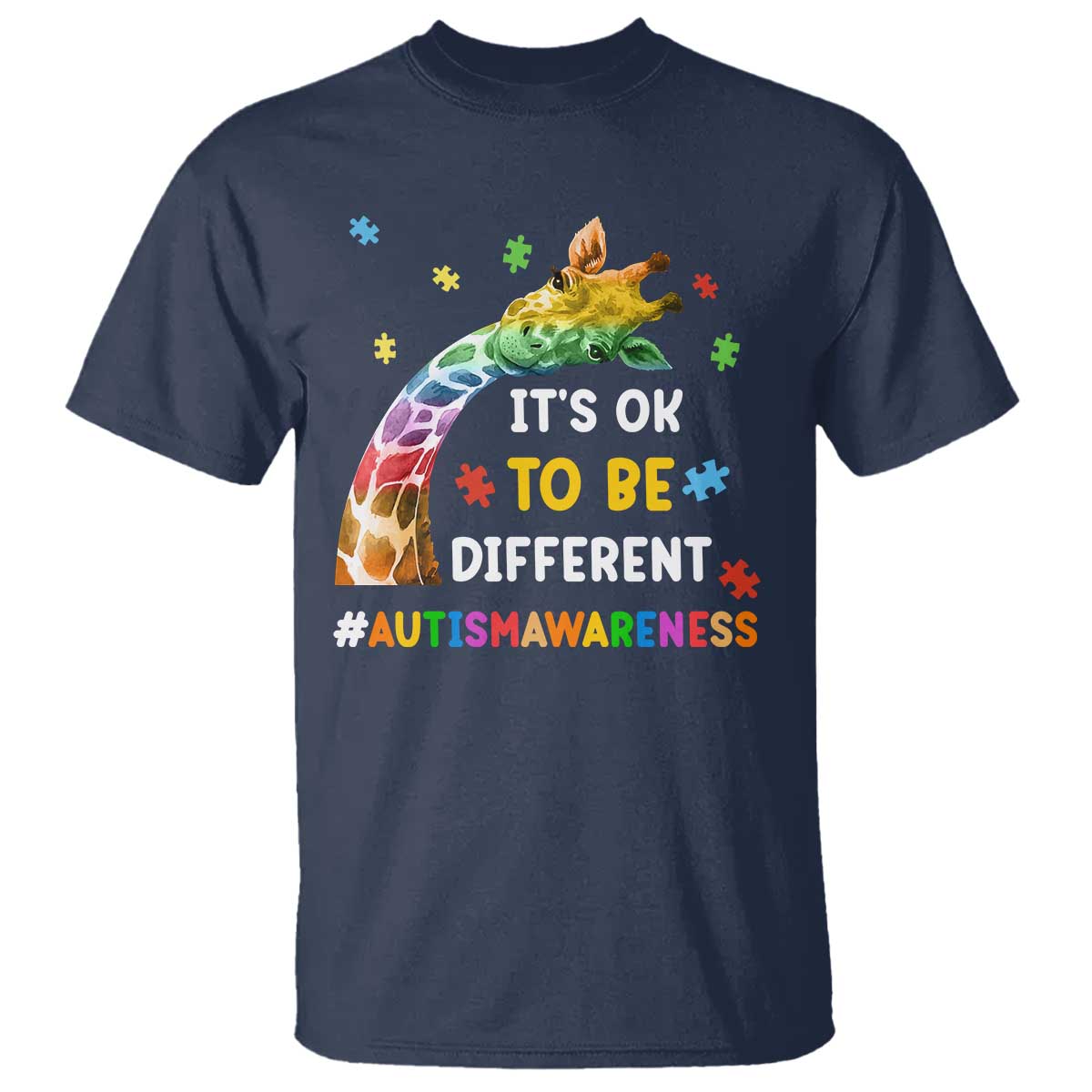 It's Ok To Be Different Autism Support T Shirt Rainbow Giraffe Puzzle