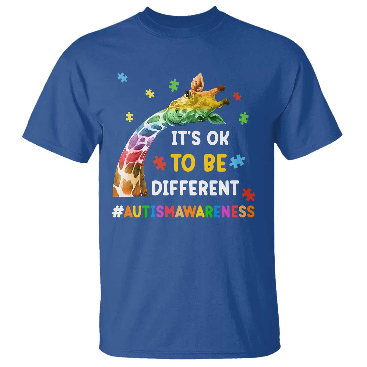 It's Ok To Be Different Autism Support T Shirt Rainbow Giraffe Puzzle
