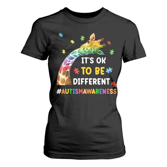 It's Ok To Be Different Autism Support T Shirt For Women Rainbow Giraffe Puzzle
