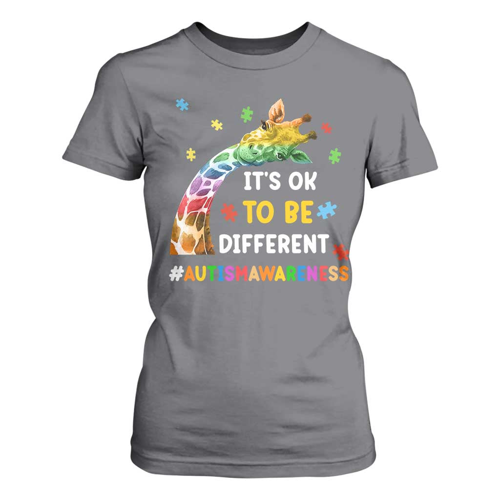 It's Ok To Be Different Autism Support T Shirt For Women Rainbow Giraffe Puzzle
