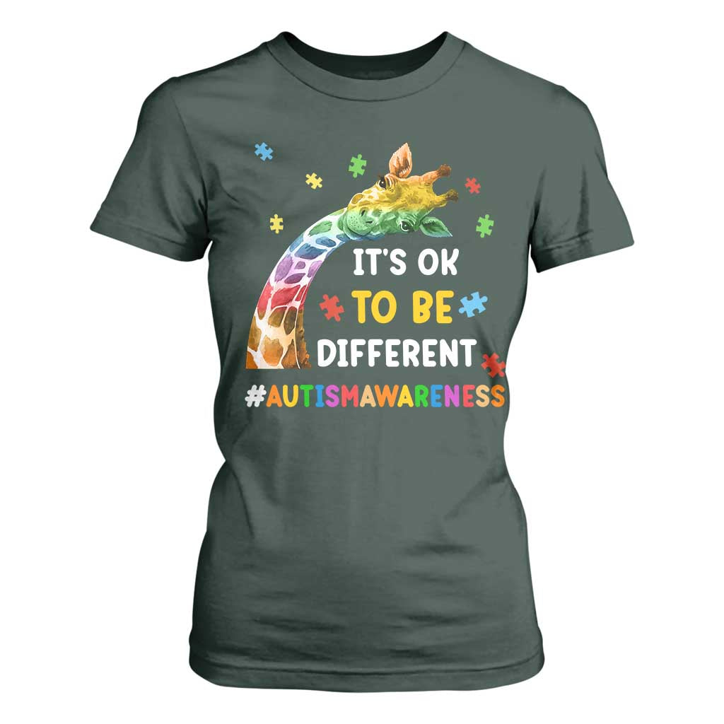 It's Ok To Be Different Autism Support T Shirt For Women Rainbow Giraffe Puzzle