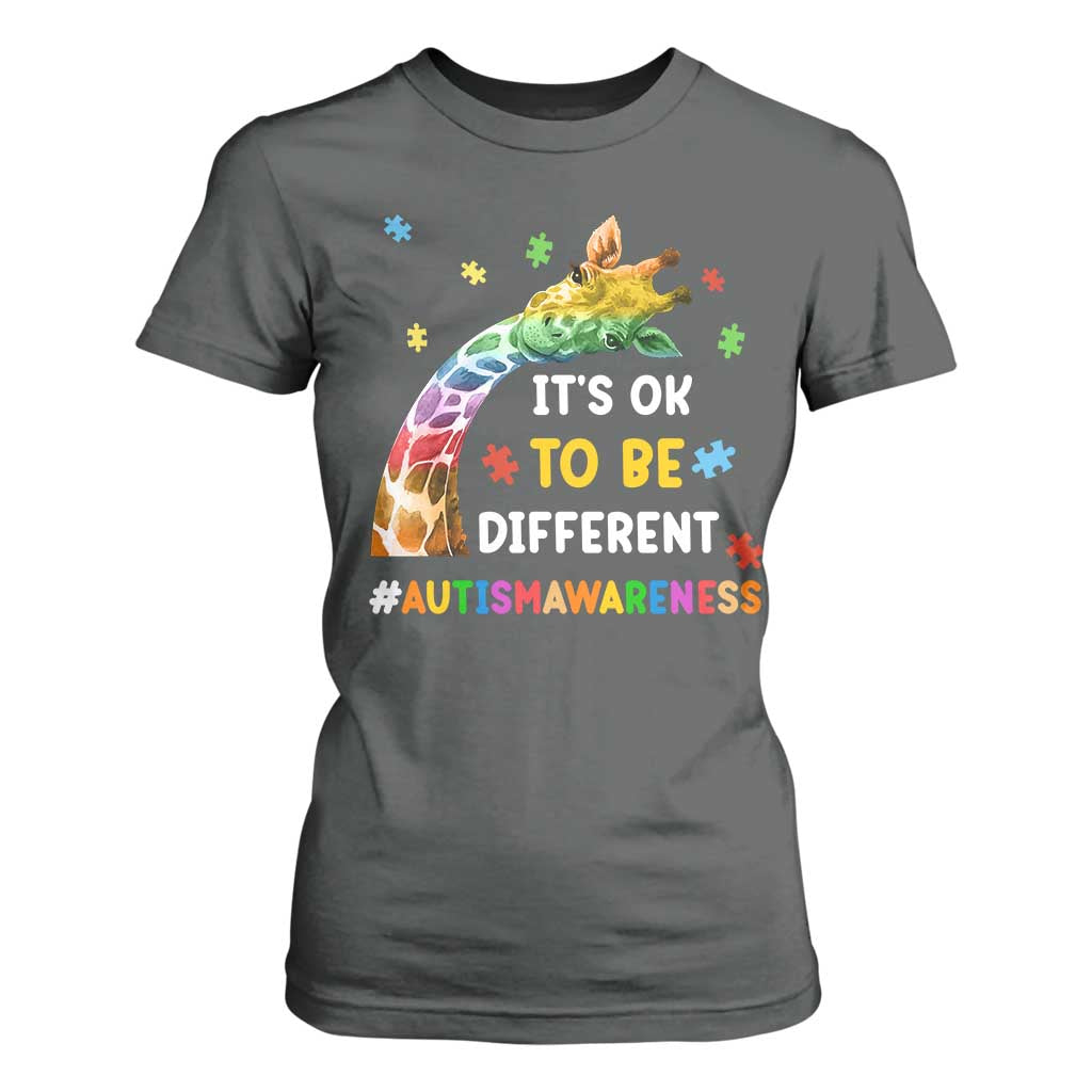 It's Ok To Be Different Autism Support T Shirt For Women Rainbow Giraffe Puzzle