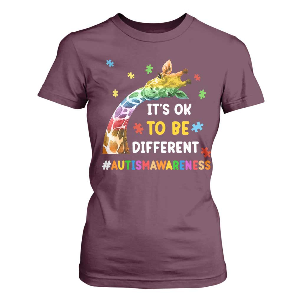 It's Ok To Be Different Autism Support T Shirt For Women Rainbow Giraffe Puzzle