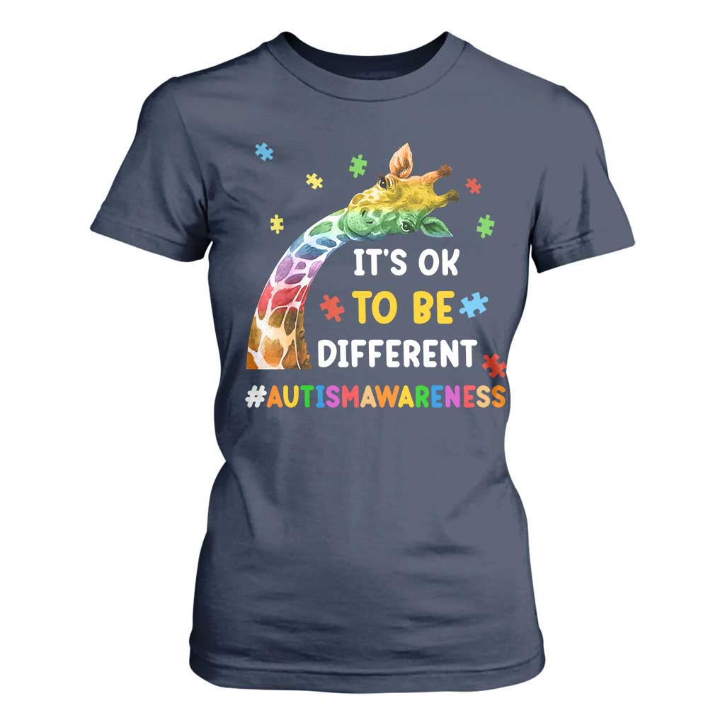It's Ok To Be Different Autism Support T Shirt For Women Rainbow Giraffe Puzzle