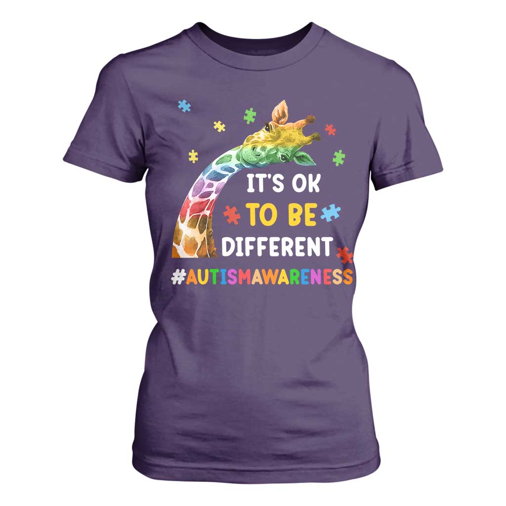 It's Ok To Be Different Autism Support T Shirt For Women Rainbow Giraffe Puzzle