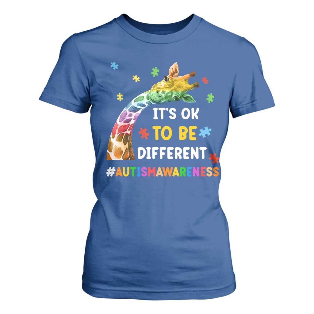 It's Ok To Be Different Autism Support T Shirt For Women Rainbow Giraffe Puzzle