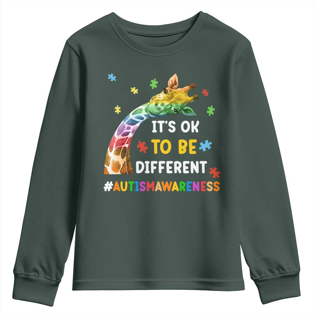 It's Ok To Be Different Autism Support Youth Sweatshirt Rainbow Giraffe Puzzle