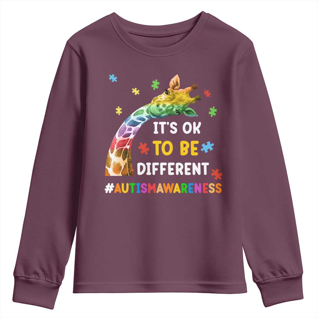 It's Ok To Be Different Autism Support Youth Sweatshirt Rainbow Giraffe Puzzle