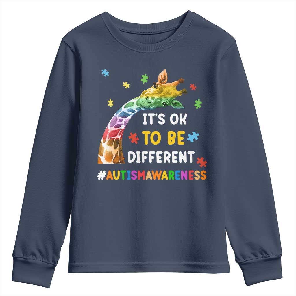 It's Ok To Be Different Autism Support Youth Sweatshirt Rainbow Giraffe Puzzle