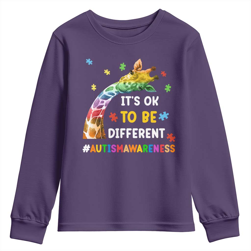 It's Ok To Be Different Autism Support Youth Sweatshirt Rainbow Giraffe Puzzle