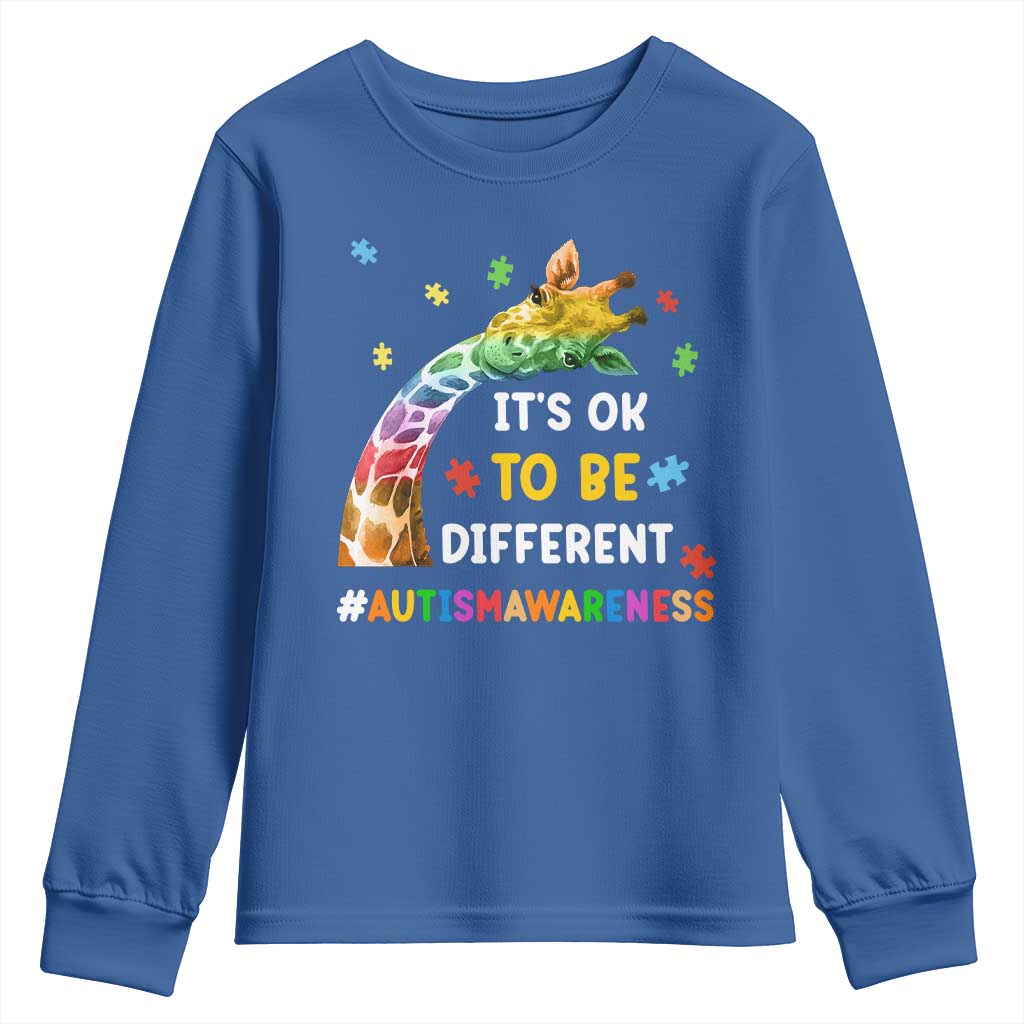 It's Ok To Be Different Autism Support Youth Sweatshirt Rainbow Giraffe Puzzle