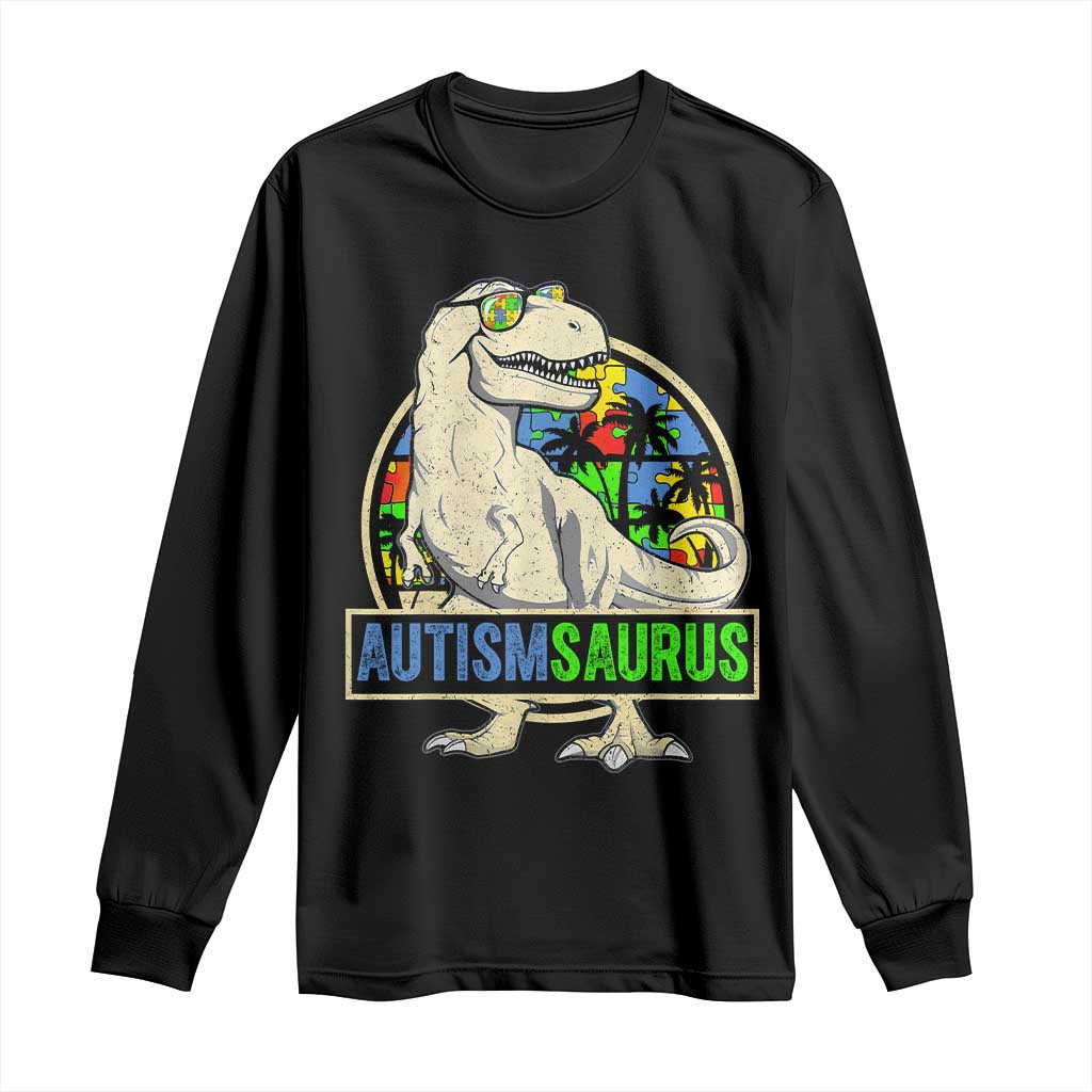 Funny Autism Support Dinosaur Long Sleeve Shirt Autismsaurus Puzzle Pieces