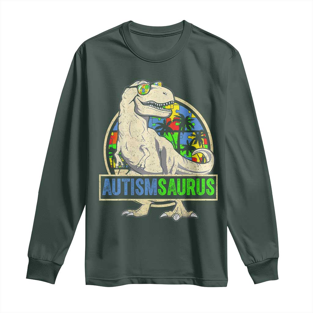 Funny Autism Support Dinosaur Long Sleeve Shirt Autismsaurus Puzzle Pieces
