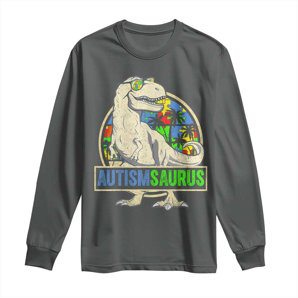 Funny Autism Support Dinosaur Long Sleeve Shirt Autismsaurus Puzzle Pieces