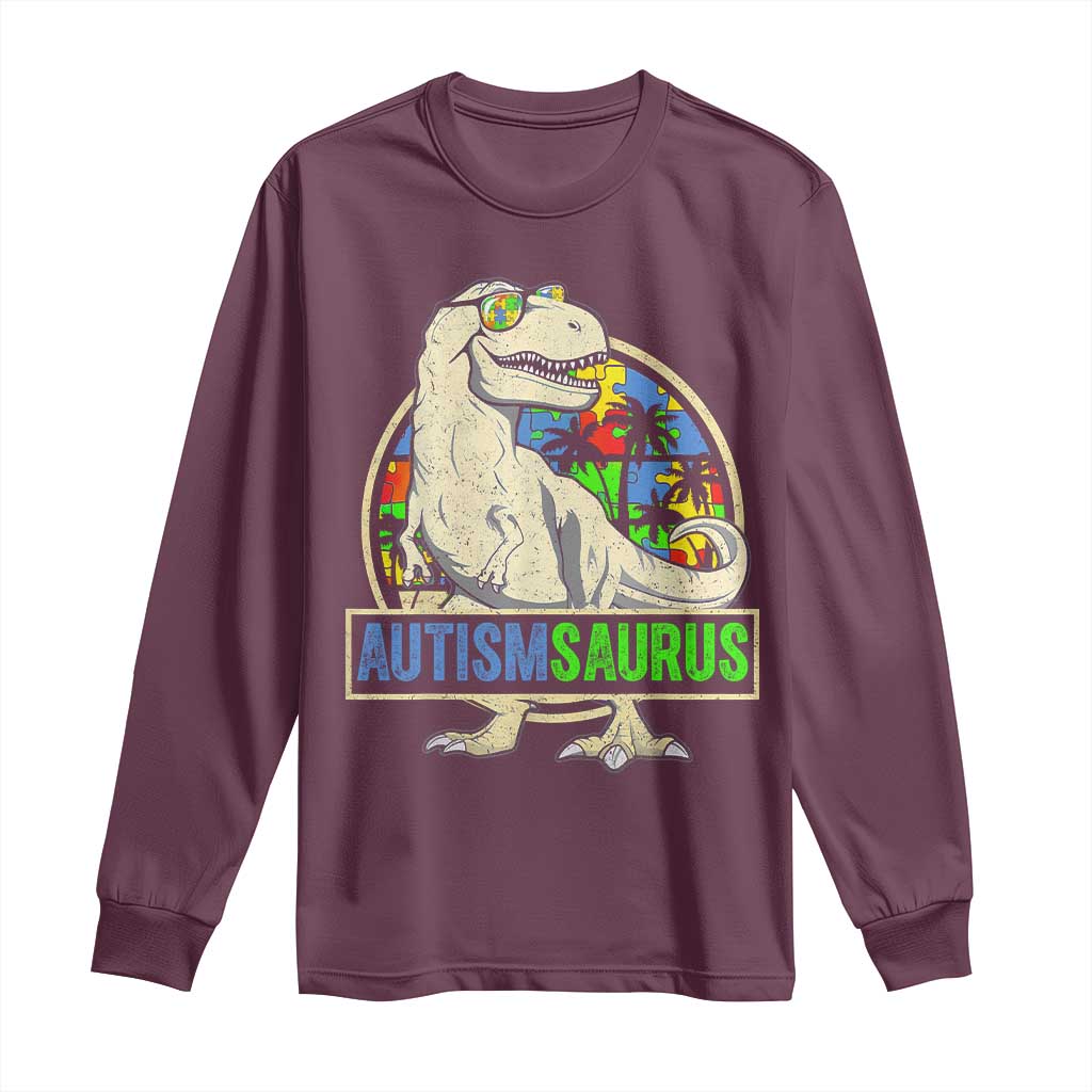 Funny Autism Support Dinosaur Long Sleeve Shirt Autismsaurus Puzzle Pieces