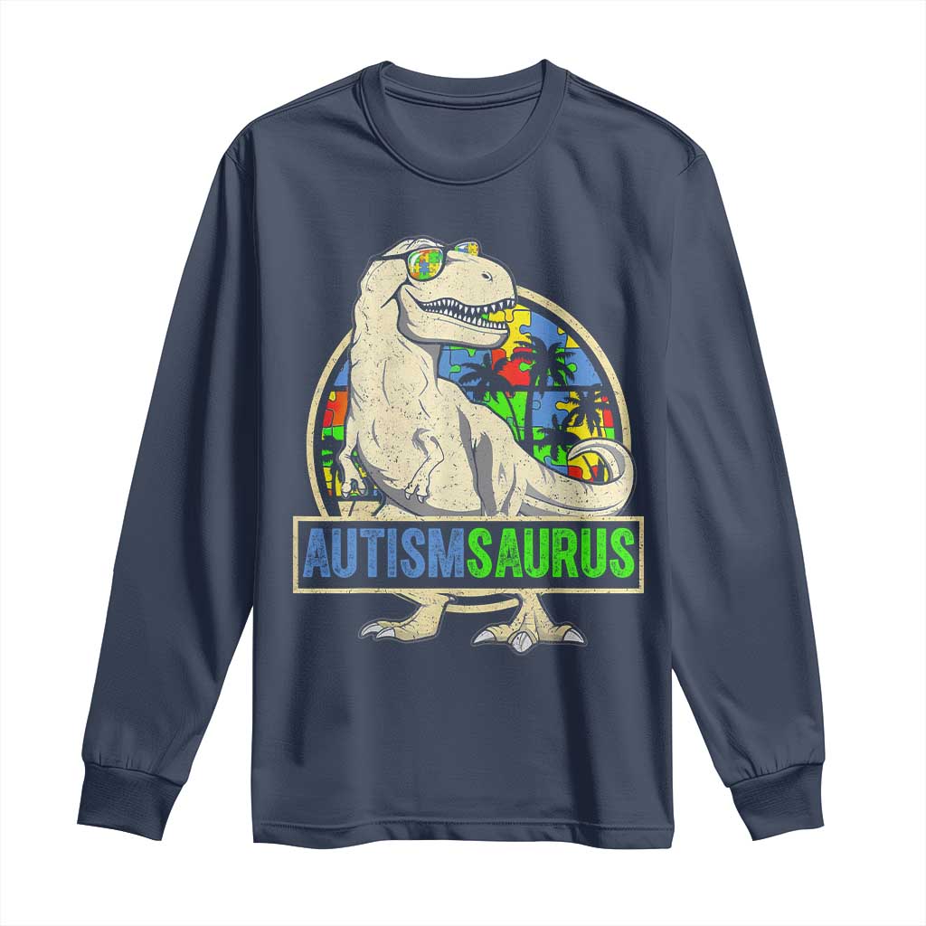 Funny Autism Support Dinosaur Long Sleeve Shirt Autismsaurus Puzzle Pieces