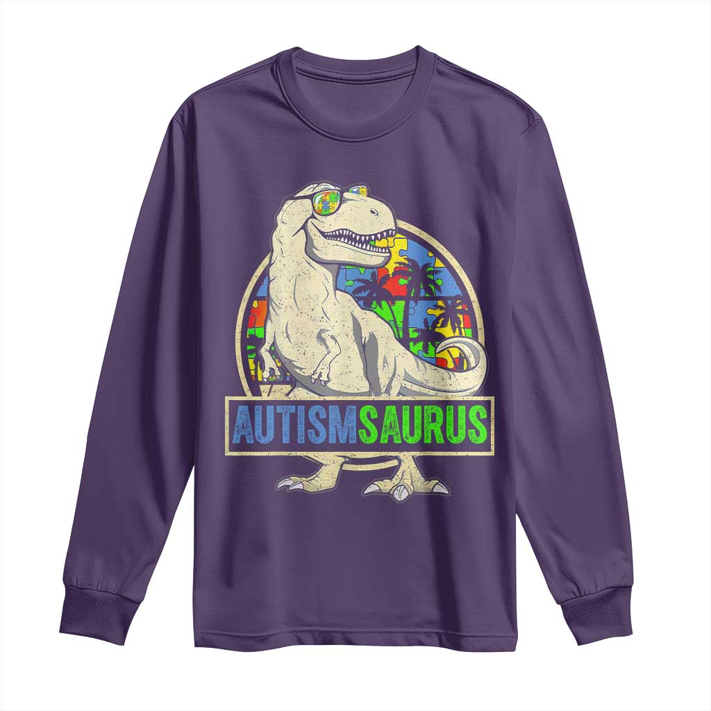 Funny Autism Support Dinosaur Long Sleeve Shirt Autismsaurus Puzzle Pieces