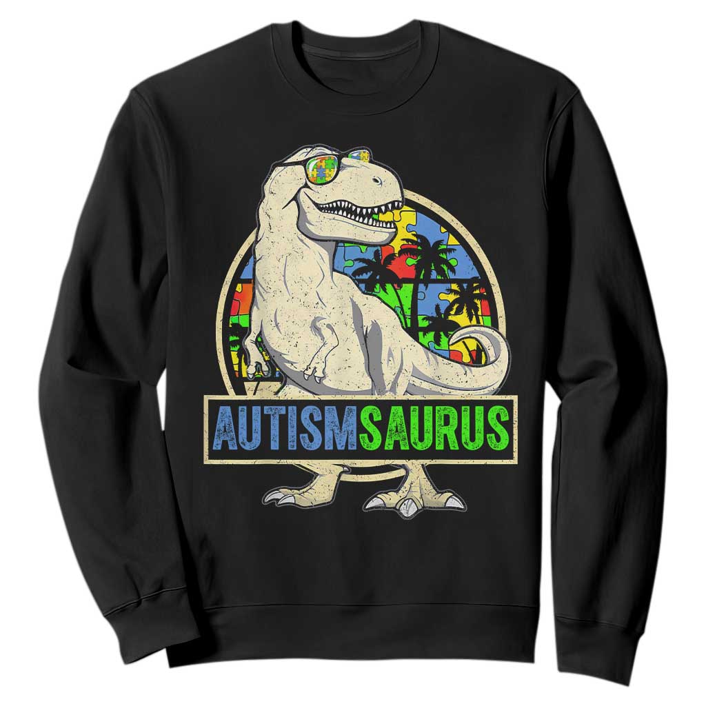Funny Autism Support Dinosaur Sweatshirt Autismsaurus Puzzle Pieces