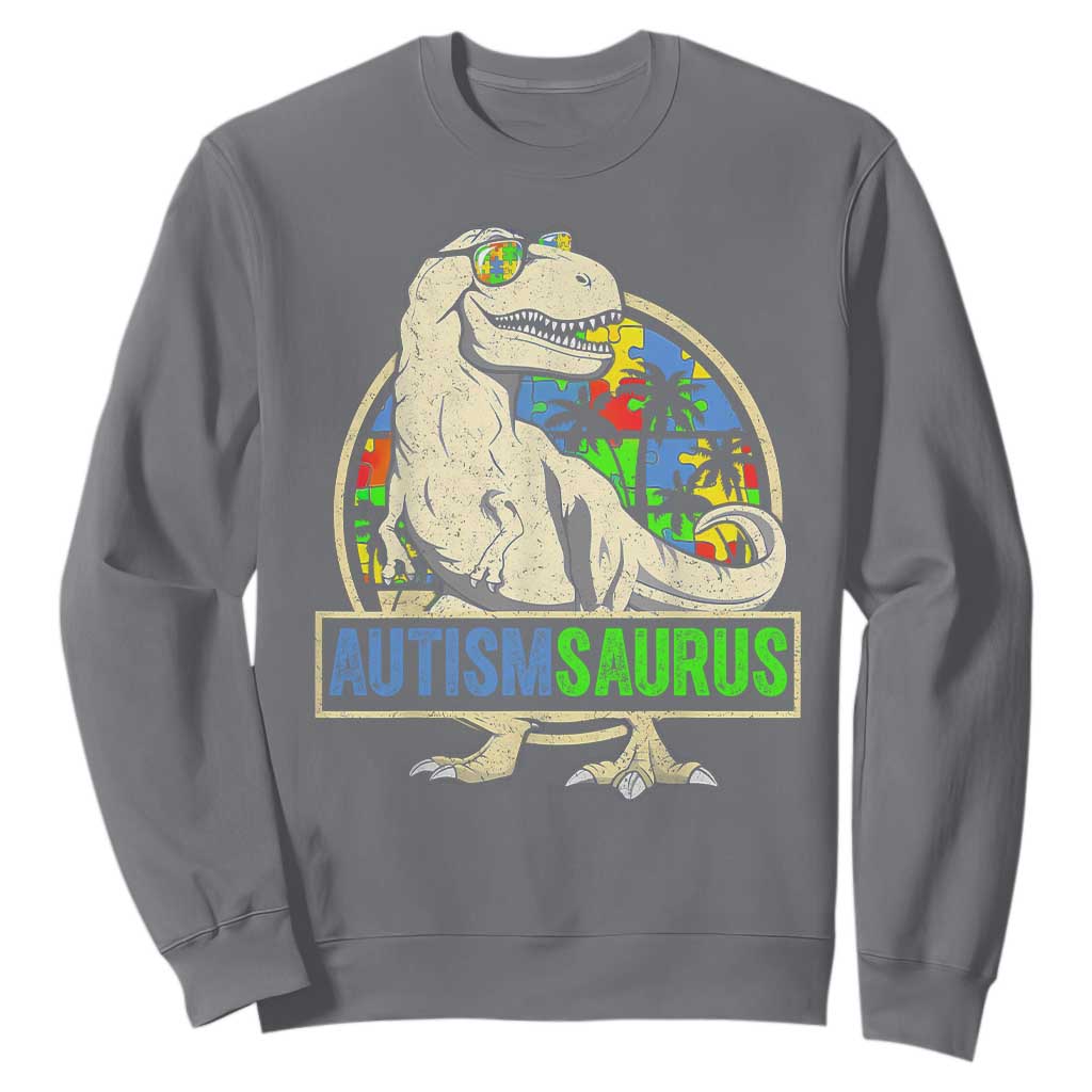 Funny Autism Support Dinosaur Sweatshirt Autismsaurus Puzzle Pieces