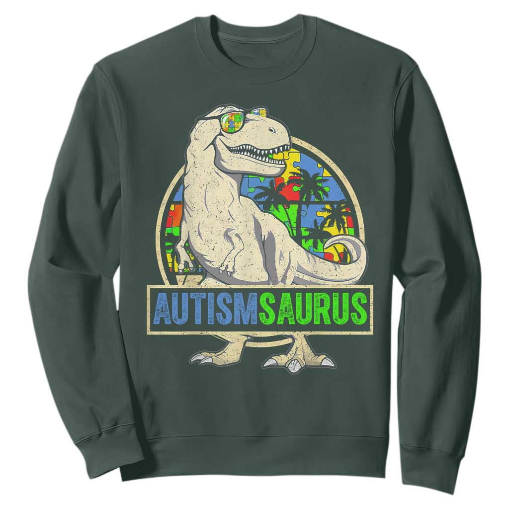 Funny Autism Support Dinosaur Sweatshirt Autismsaurus Puzzle Pieces