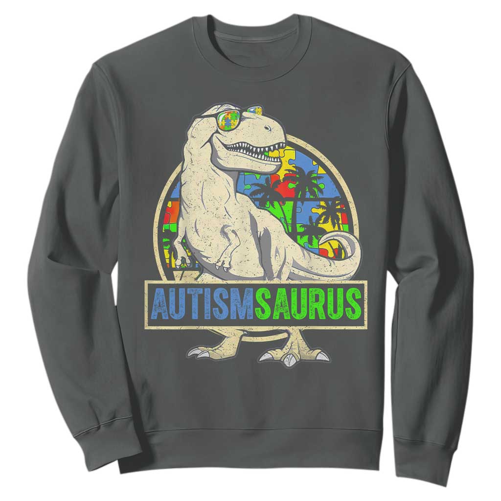 Funny Autism Support Dinosaur Sweatshirt Autismsaurus Puzzle Pieces