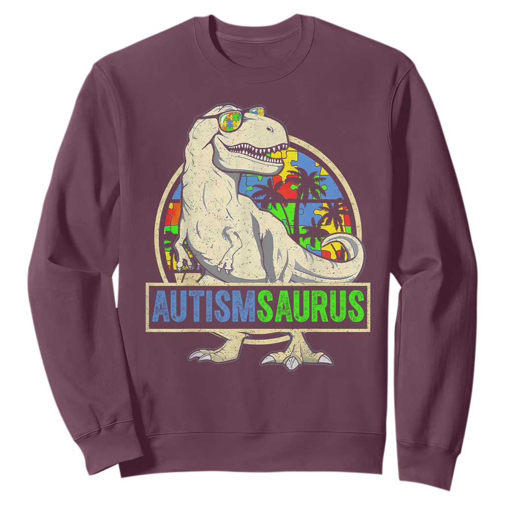 Funny Autism Support Dinosaur Sweatshirt Autismsaurus Puzzle Pieces