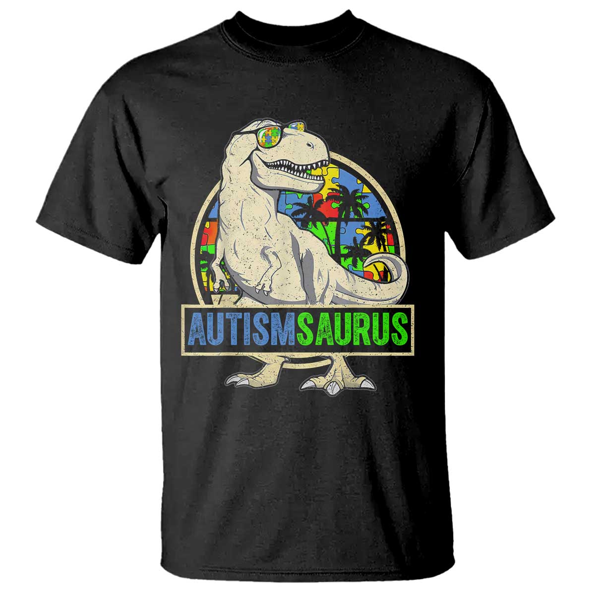 Funny Autism Support Dinosaur T Shirt Autismsaurus Puzzle Pieces