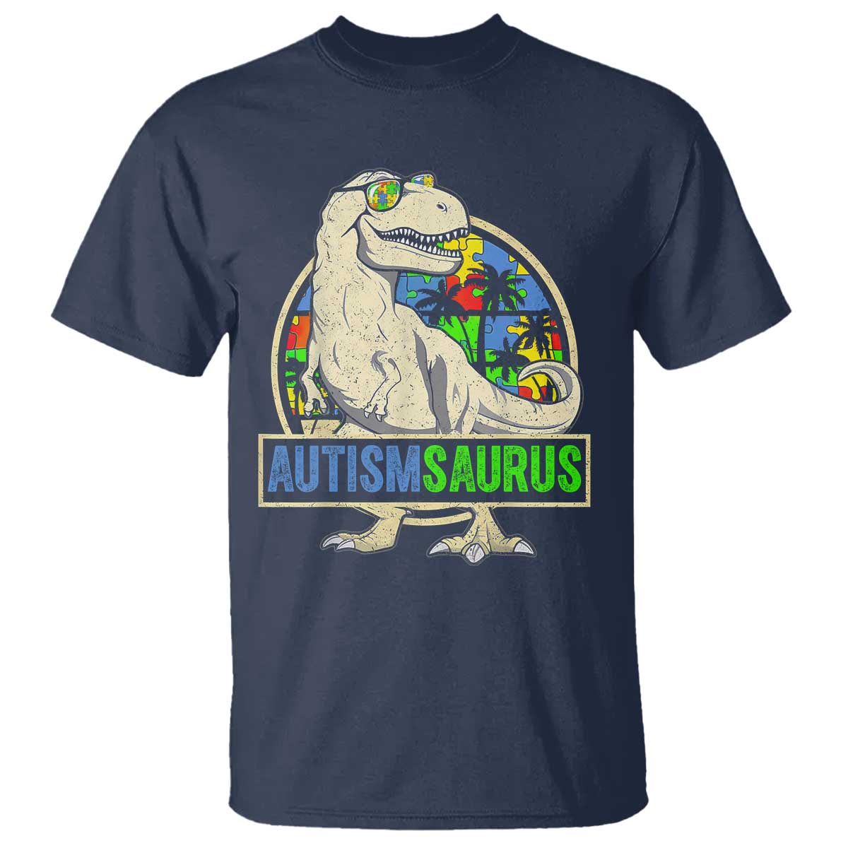 Funny Autism Support Dinosaur T Shirt Autismsaurus Puzzle Pieces
