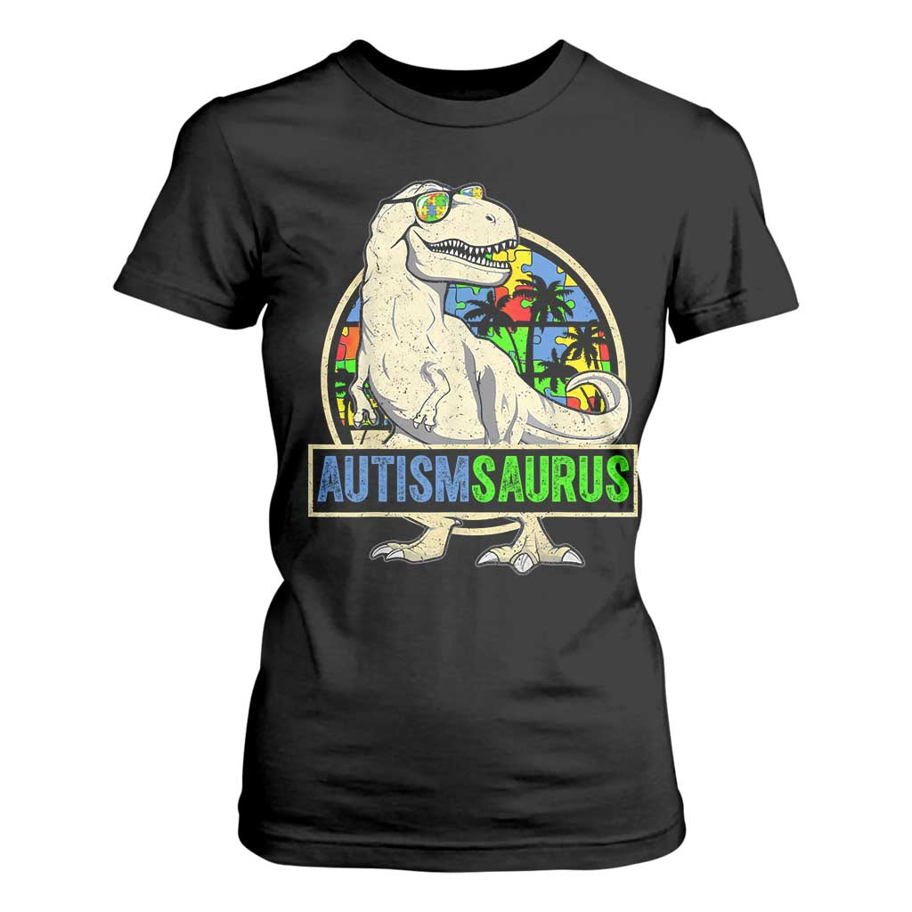 Funny Autism Support Dinosaur T Shirt For Women Autismsaurus Puzzle Pieces