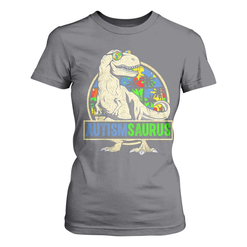 Funny Autism Support Dinosaur T Shirt For Women Autismsaurus Puzzle Pieces