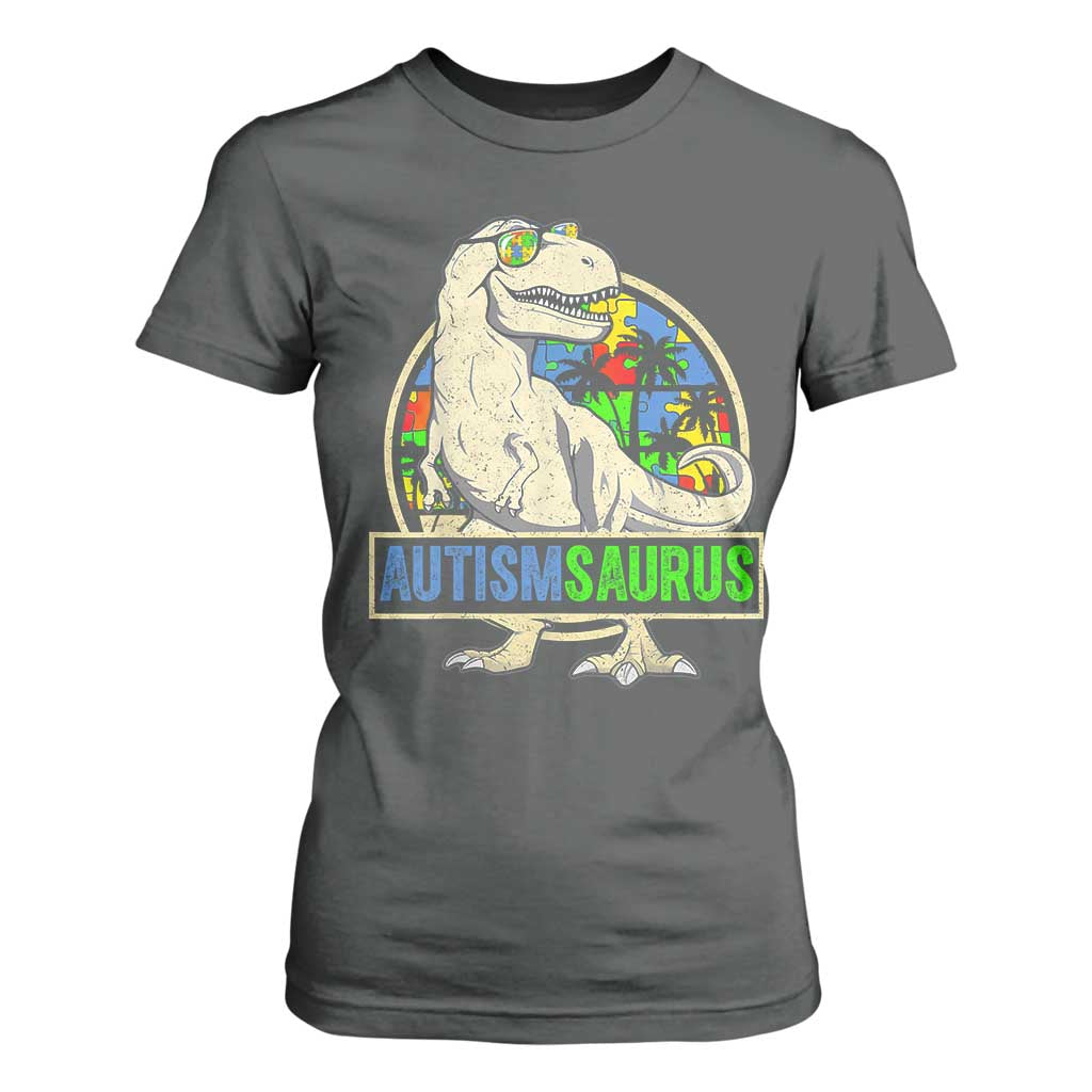 Funny Autism Support Dinosaur T Shirt For Women Autismsaurus Puzzle Pieces