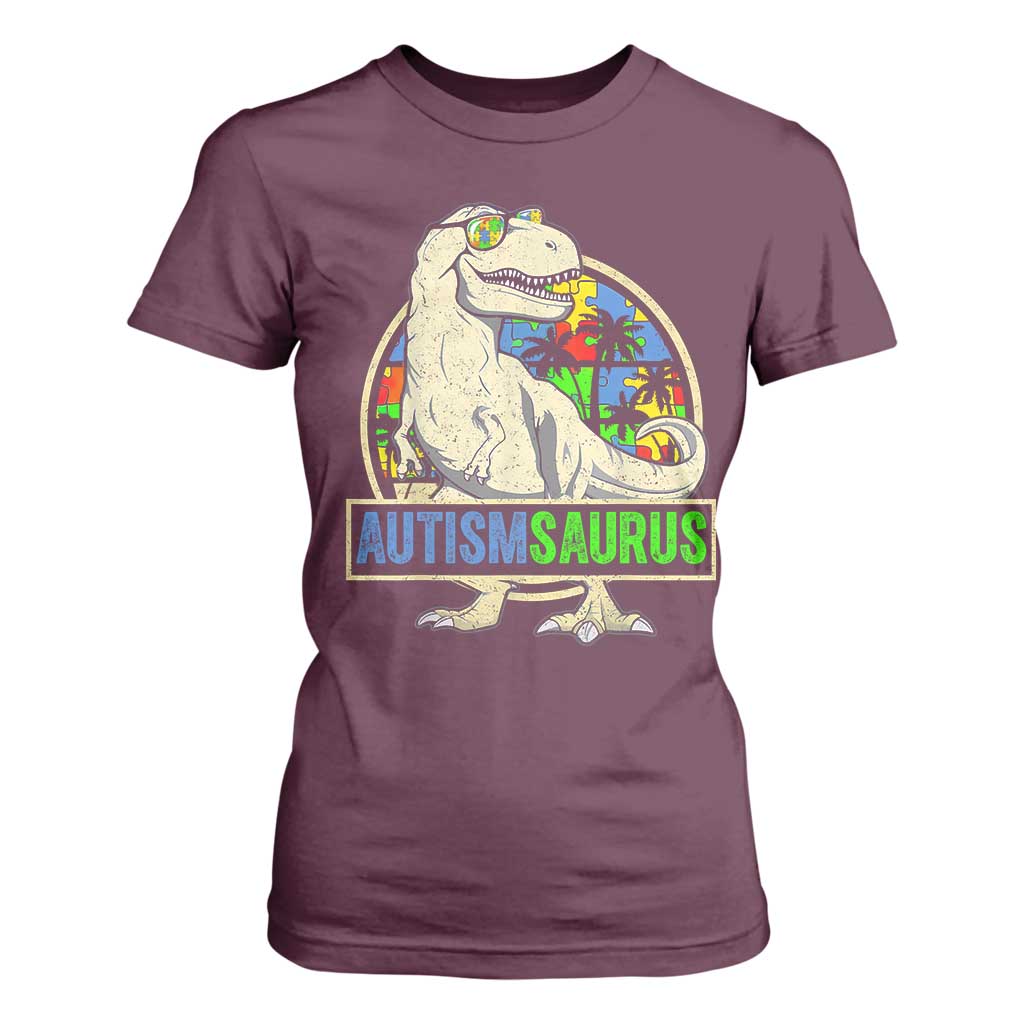 Funny Autism Support Dinosaur T Shirt For Women Autismsaurus Puzzle Pieces