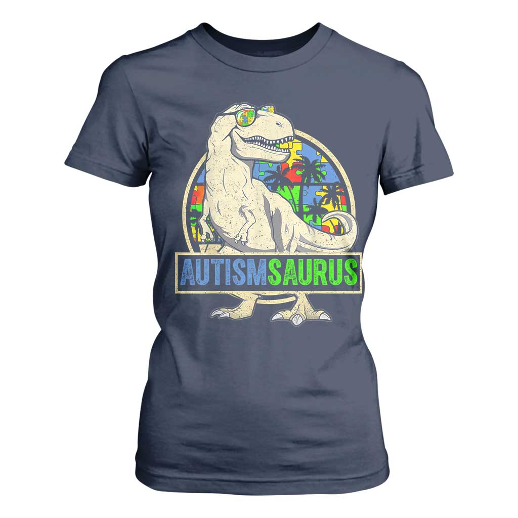 Funny Autism Support Dinosaur T Shirt For Women Autismsaurus Puzzle Pieces