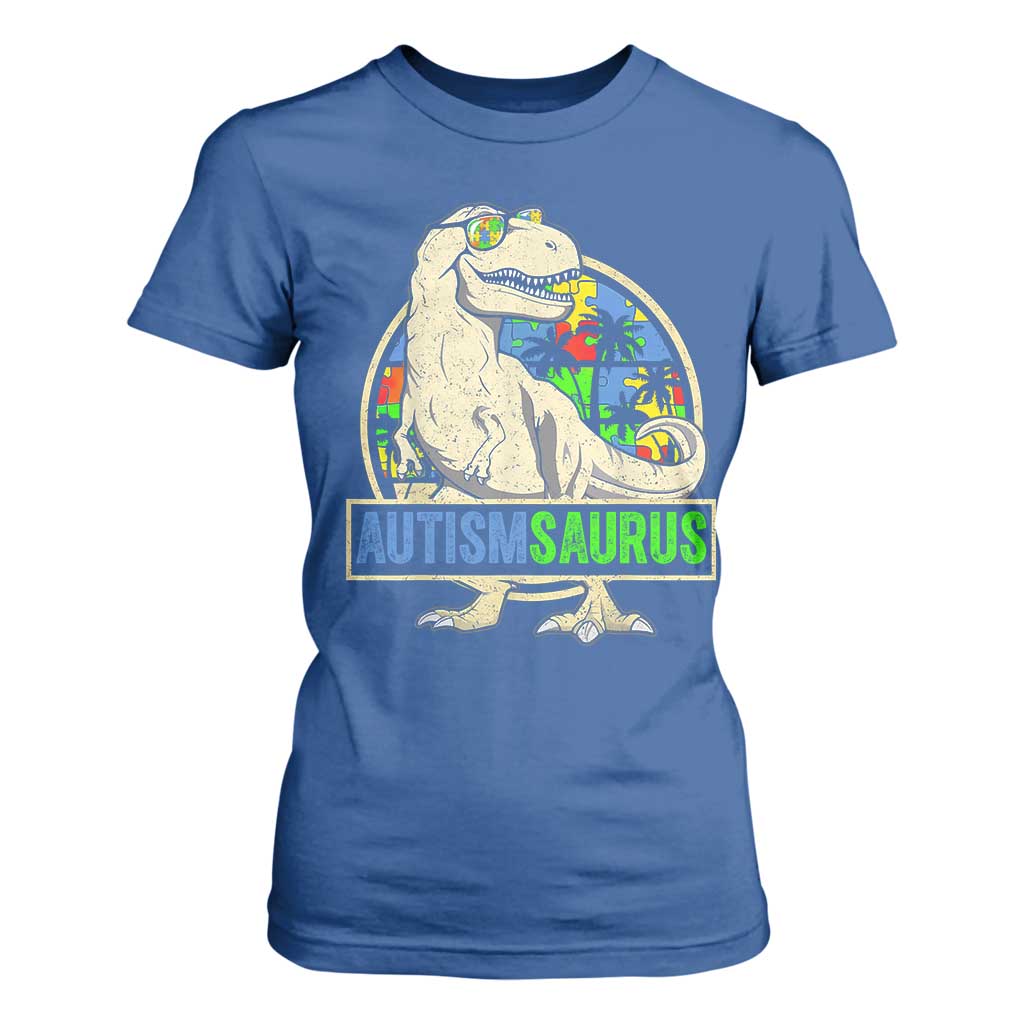 Funny Autism Support Dinosaur T Shirt For Women Autismsaurus Puzzle Pieces