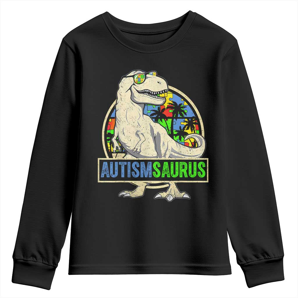 Funny Autism Support Dinosaur Youth Sweatshirt Autismsaurus Puzzle Pieces
