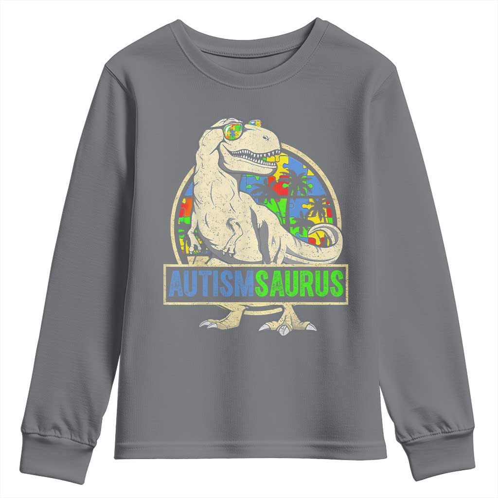 Funny Autism Support Dinosaur Youth Sweatshirt Autismsaurus Puzzle Pieces